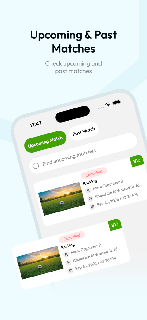 Kickoff-football - 場所と主催者の詳細を含む、今後の過去のサッカー試合のリストを表示するKickoff-footballアプリのインターフェイス