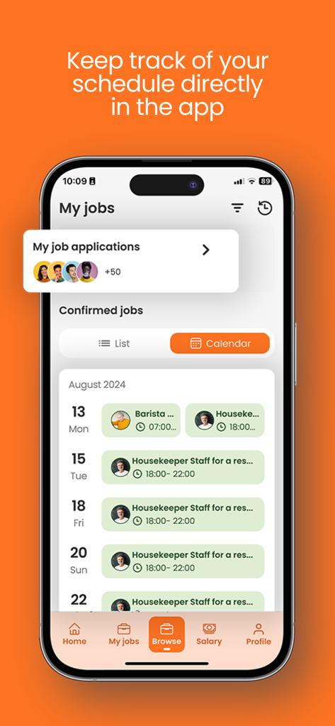 Time2Staff - Interface de l'application mobile Time2Staff montrant une vue calendrier des emplois et services dans l'hôtellerie confirmés.