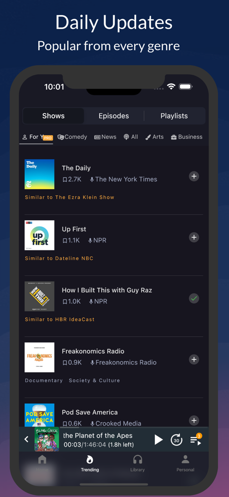 AI Podcast Player: Podurama - La schermata degli spettacoli di podcast di tendenza nell'app Podurama con aggiornamenti giornalieri e filtri per categoria.