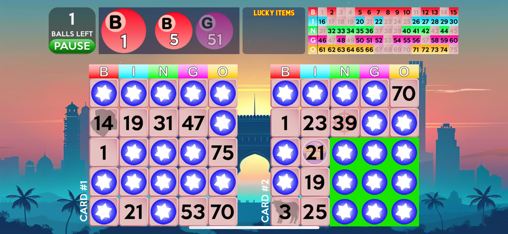 Bingo Deluxe - Bingo Deluxe gameplay screen showing two cards with large numbers and a sunset city silhouette background.