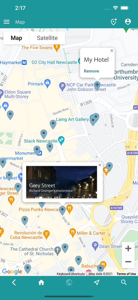 Interaktive Kartenansicht von Newcastle, die Sehenswürdigkeiten und benutzerdefinierte Hotelmarkierungen anzeigt.