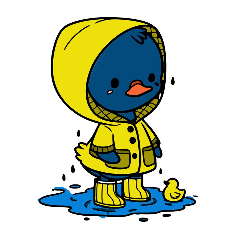 baby duck in a rain coat and boots, in a puddle while it’s raining