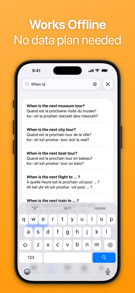 SpeakEasy French: Phrasebook - SpeakEasy French phrasebook interface showing search results for travel phrases with phonetic guides and offline status.