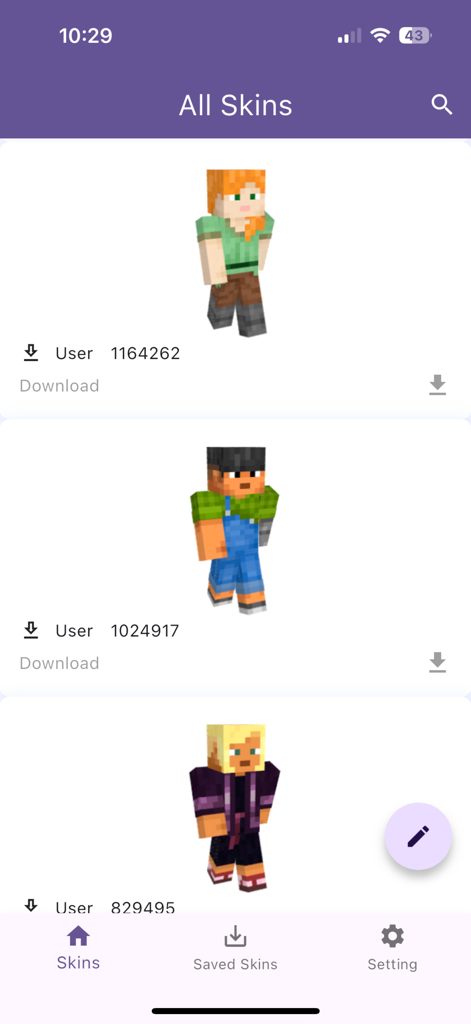 A gallery of custom 3D Minecraft skins available for preview and download in the app