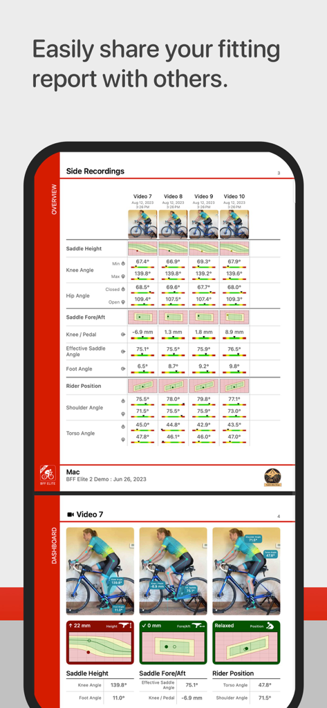 A detailed bike fitting report from the app showing posture measurements and cycling analysis data