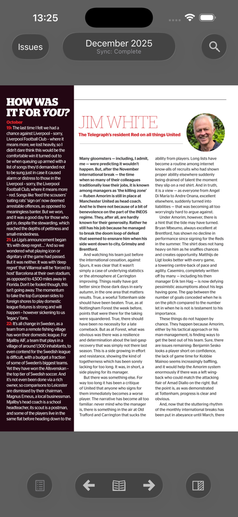 Digitaler Artikel von Jim White in der United We Stand Manchester United Fanzine App.