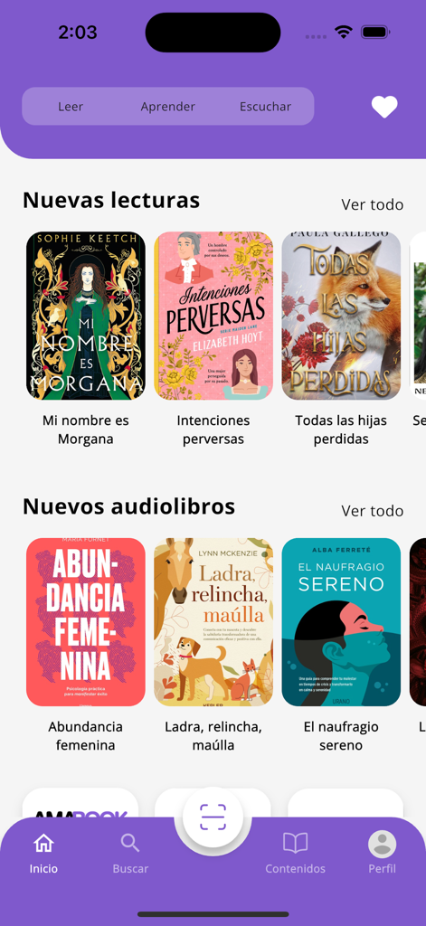 Amabook - Amabook mobile app home screen featuring sections for new Spanish ebooks and audiobooks.