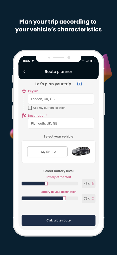 Wenea - Pantalla del planificador de rutas de la aplicación Wenea para la planificación de viajes de vehículos eléctricos
