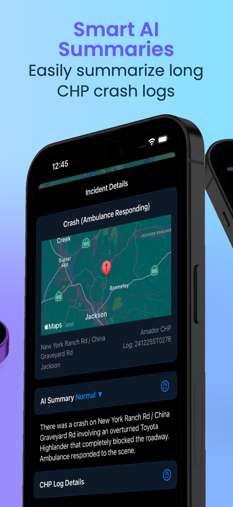 Traffic.AI - Écran de smartphone affichant l'application Traffic AI avec la carte des incidents et le résumé des accidents par IA
