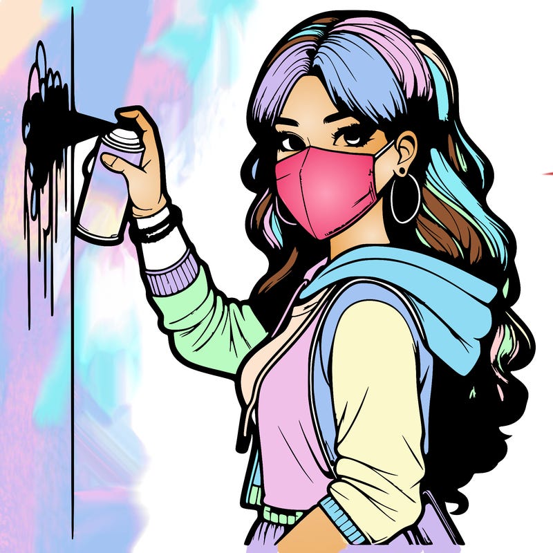 realistic girl with mask spray painting a wall