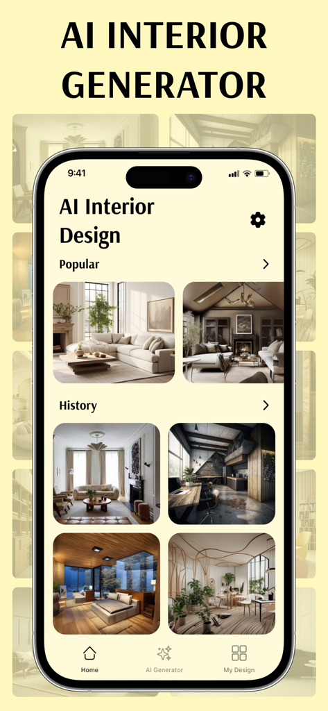 Smartphone, das den Startbildschirm der AI Room Design App mit einer Galerie beliebter Innendesign-Stile anzeigt.