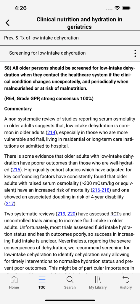 ESPEN Guidelines - Interfaz de la aplicación Guías ESPEN que muestra protocolos de nutrición clínica e hidratación para pacientes de edad avanzada
