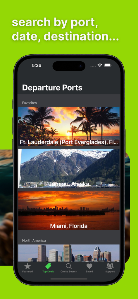 Cruise Deals App-Oberfläche mit Abfahrtshäfen, darunter Ft. Lauderdale, Juneau Alaska und Miami Florida.