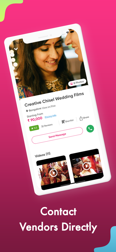 WedMeGood - Wedding Planner - A mobile app interface displaying a wedding vendor profile with options to contact them directly via message or phone call.