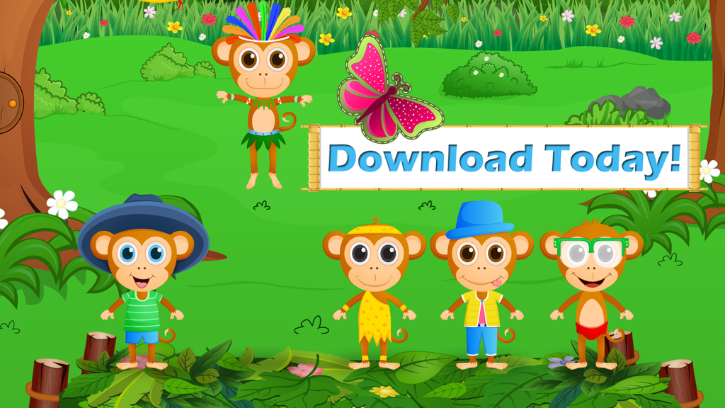 Five Little Monkeys Jumping - Five animated monkeys in various outfits standing in a colorful jungle with a download today banner