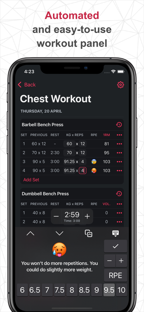 SmartWorkout - Gym Log Tracker - Interfaz de la aplicación SmartWorkout que muestra un registro de entrenamiento de pecho con series de press de banca con barra, repeticiones y teclado de RPE