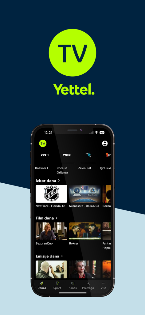 Yettel TV - Yettel TV mobile app home screen showing Serbian TV channels sports and movies