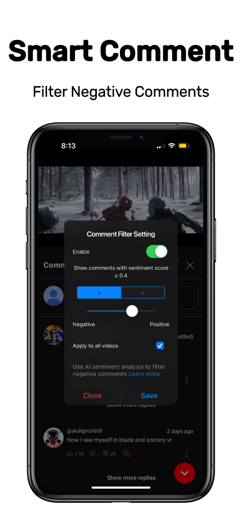 Viddle: No Ads Video Browser - Interfaz mostrando la función Smart Comment en la aplicación Viddle para filtrar comentarios negativos de video usando análisis de sentimiento de IA.