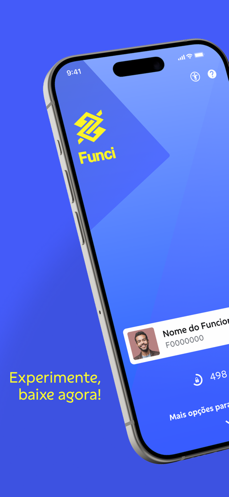 BBFunci 3.0 - A smartphone showing the BBFunci 3.0 app splash screen with the Banco do Brasil logo and an employee profile card.