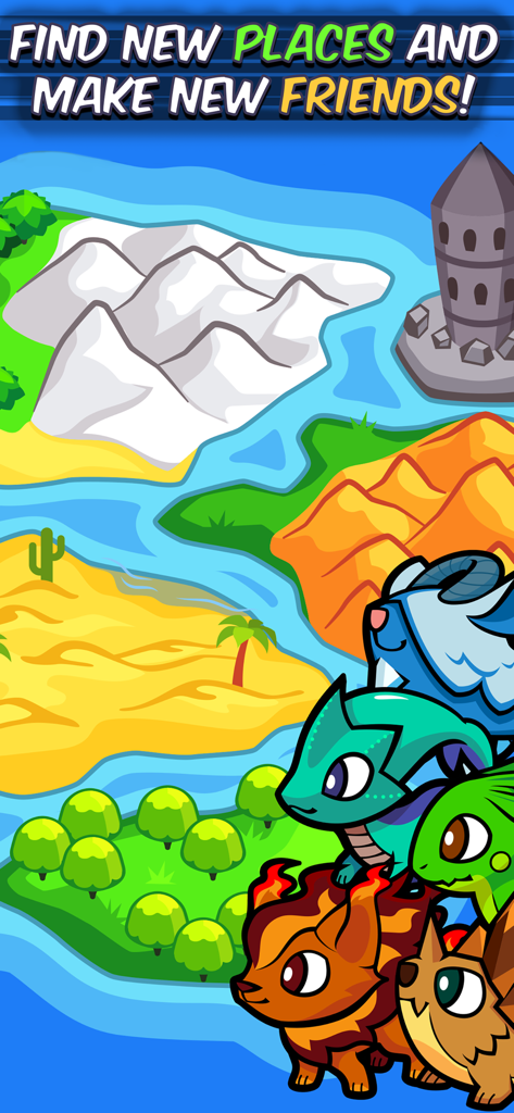 Pico Pets Puzzle - A colorful world map and various cute monsters from the Pico Pets Puzzle mobile game.