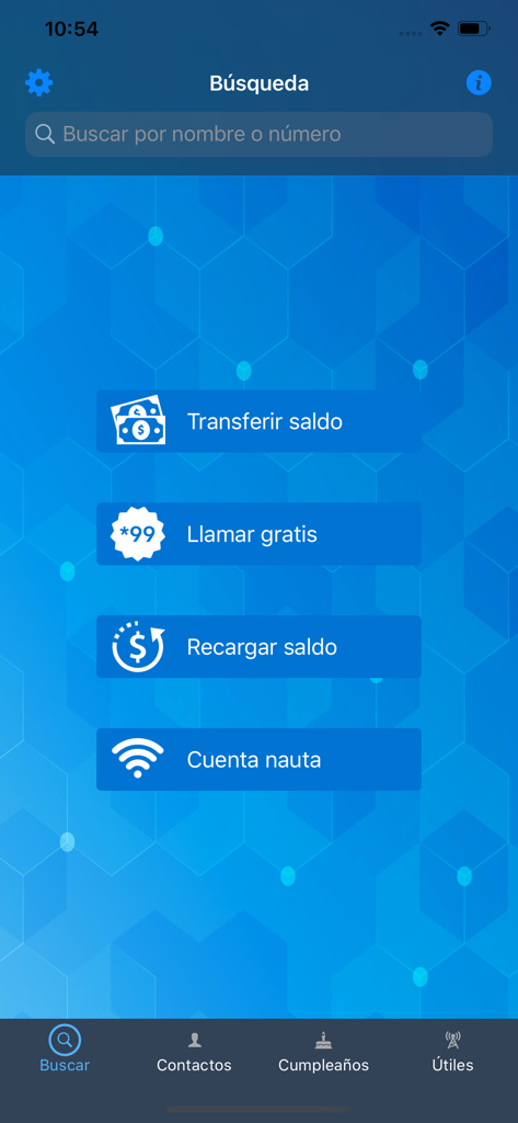 Interface da aplicação CallerID mostrando a barra de pesquisa e opções para transferência de saldo e gestão de conta Nauta
