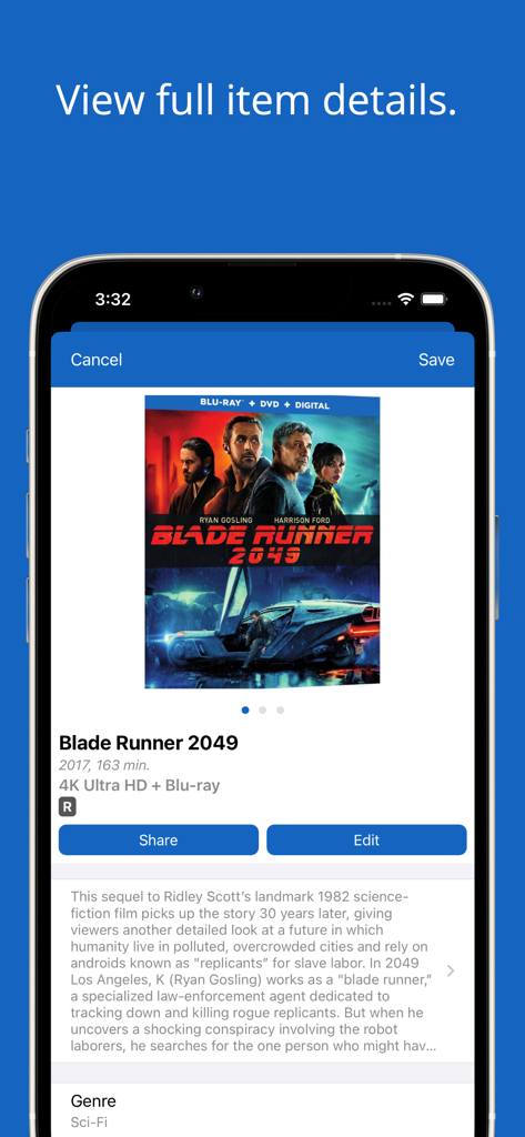 iCollect Movies: DVD Tracker - Pantalla que muestra detalles completos del artículo de la película Blade Runner 2049, incluyendo la carátula y la sinopsis en la aplicación iCollect Películas