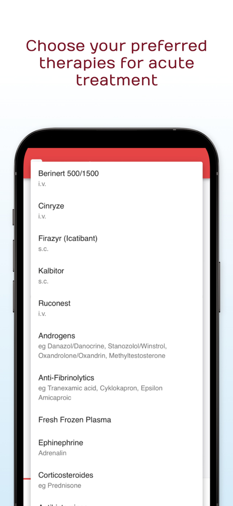 HAE TrackR app screen showing a list of acute treatment medication options