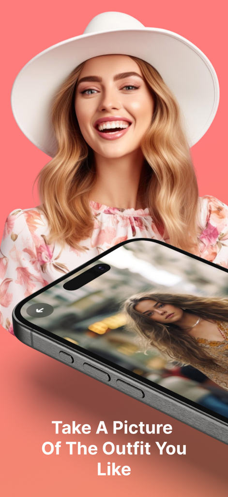 Find clothes - FashionLens Ai - Una mujer sonriendo junto a un smartphone mostrando cómo encontrar ropa tomando una foto de un atuendo usando FashionLens AI.