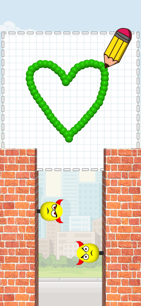 Draw To Smash: Logic puzzle - A green heart being drawn to smash yellow bad eggs in a physics logic game.