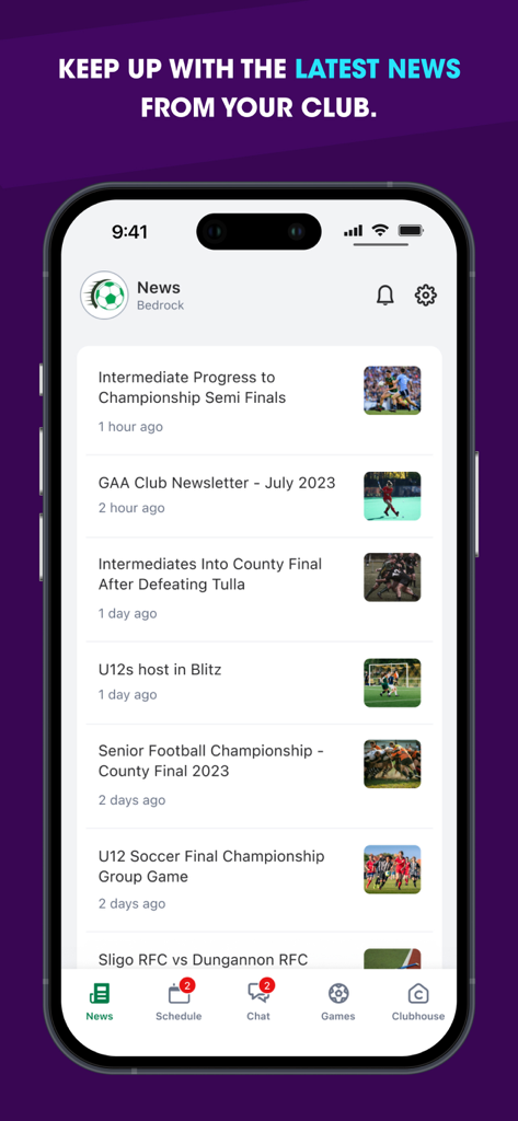 ClubZap - ClubZap mobile app interface displaying the latest news and updates from a local sports club.