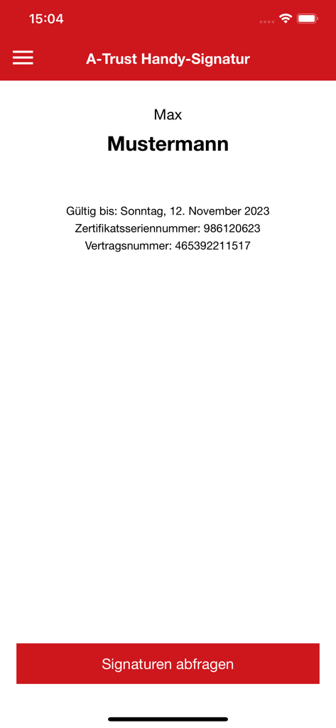 A-Trust Signatur - Schermata dell'app A-Trust Signatur che mostra le informazioni sul certificato dell'utente e la data di validità