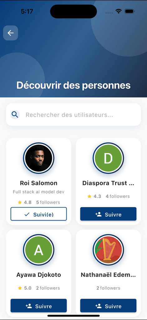 User discovery screen in the AppartMart app displaying profile cards with follow buttons and a search bar