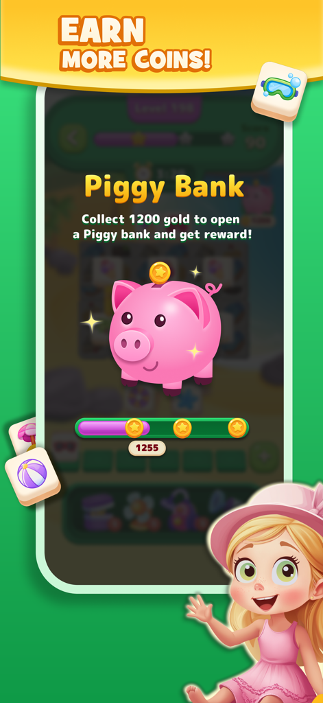 Una pantalla de hucha rosa en el juego Tile Tap Master que muestra el progreso de la recolección de monedas de oro y las recompensas