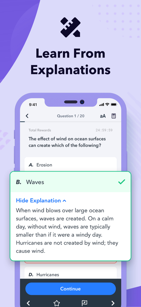 Interfaccia di una domanda del test di pratica GED che mostra una risposta corretta e una spiegazione dettagliata sulle onde oceaniche