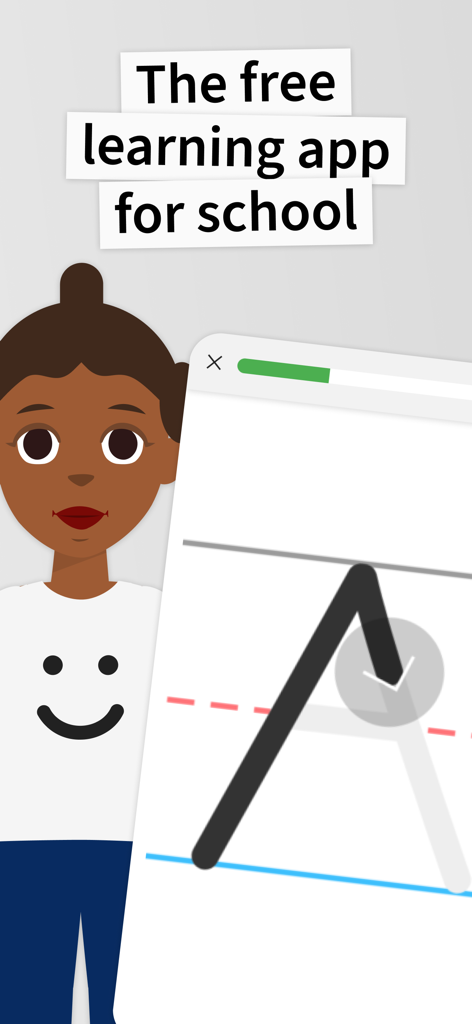 Um personagem avatar ao lado de uma tela de celular mostrando um exercício de traçado de letras no aplicativo de aprendizagem ANTON