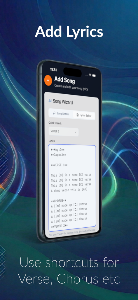 LyricsFlow Pro - LyricsFlow Pro song editor screen showing ChordPro lyrics and section shortcuts