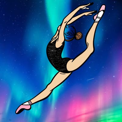 gymnast doing a leap in a leotard with a bent back leg