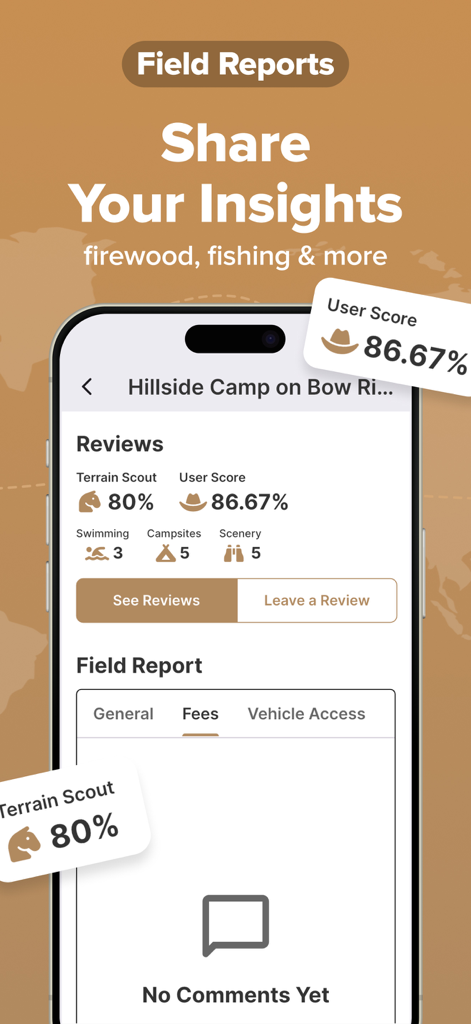 TerrainOne mobile app interface showing campsite reviews and field reports with user ratings