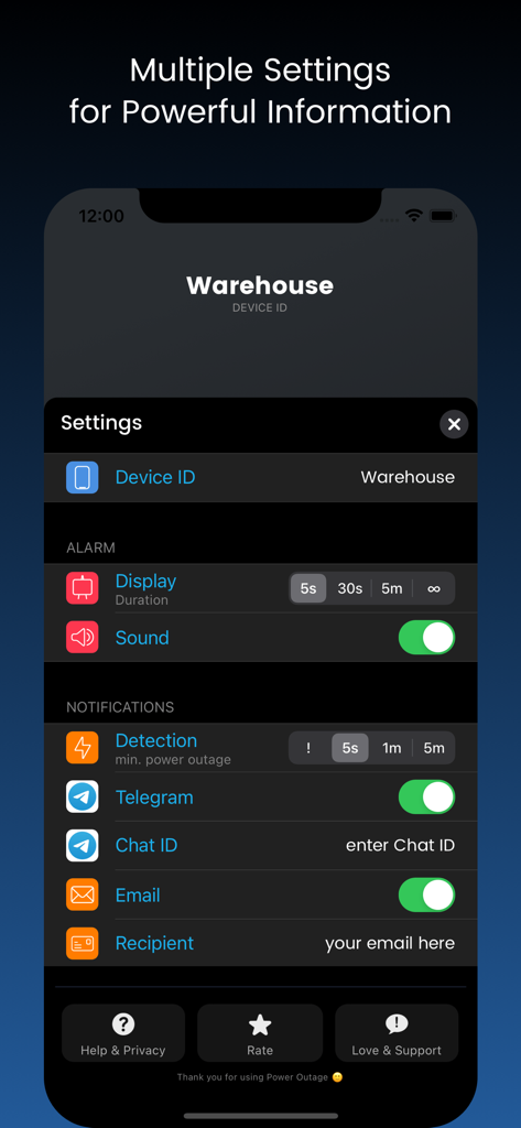 Interfaz de ajustes de la aplicación Apagón Eléctrico mostrando opciones de configuración de alarmas y notificaciones