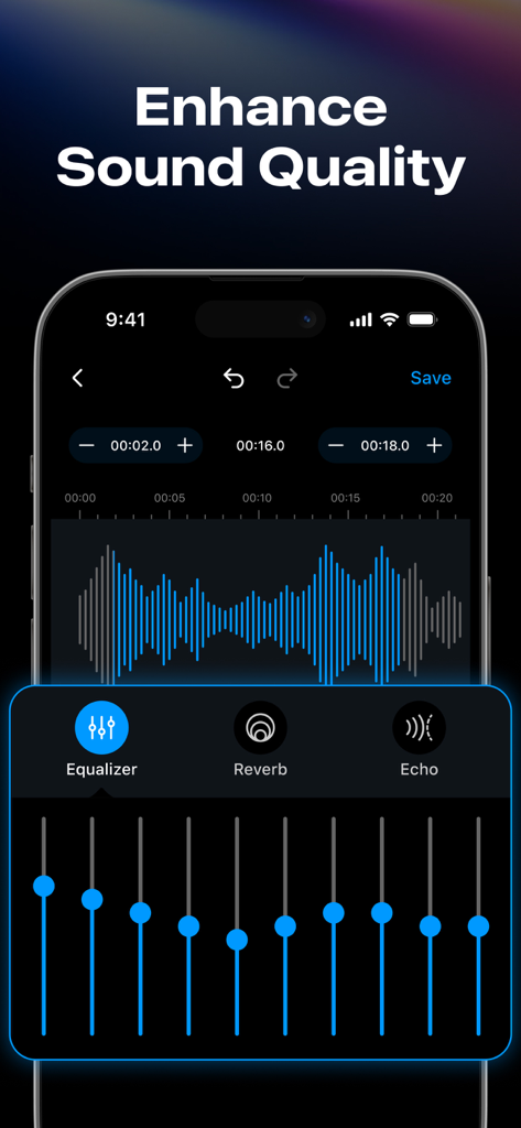 10バンドグラフィックイコライザーや波形エディターなどのオーディオ強化ツールを示すモバイルアプリのインターフェイス。