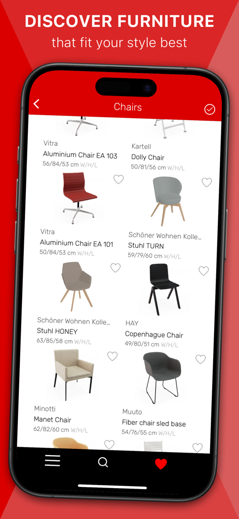 Interfaz de la aplicación móvil Roomle que muestra un catálogo de sillas de diseño con nombres de marca y dimensiones para la planificación de interiores