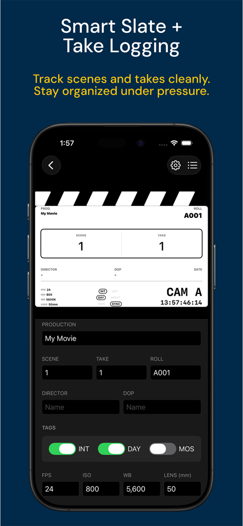 DOPro: Director’s Viewfinder - Digital slate and take logging interface in the DOPro app for filmmakers