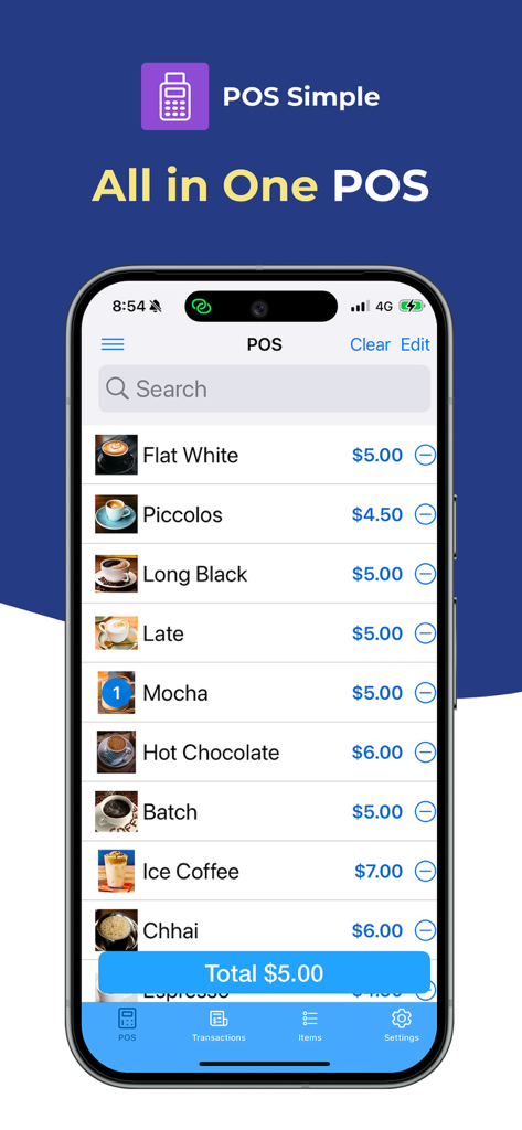 POS Simple- Tap to Pay Receipt - Mobile point of sale interface on an iPhone displaying a coffee menu with items and prices