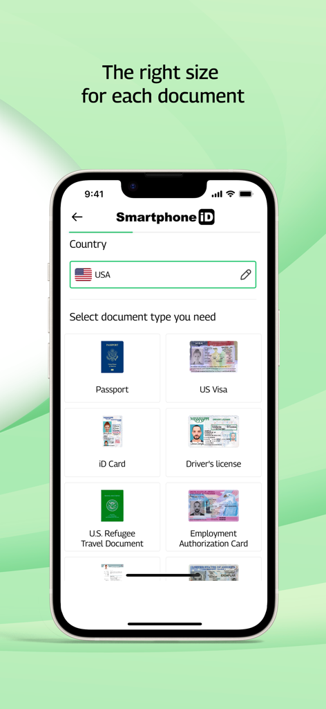 Smartphone iD - Passport photo - Smartphone iD app screen showing options for US passport visa and ID card photos