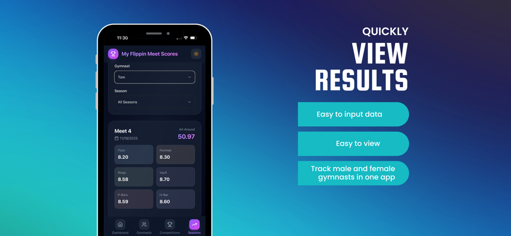 My Flippin Meet Scores - A mobile phone displaying the My Flippin Meet Scores app showing competitive gymnastics results for various events.