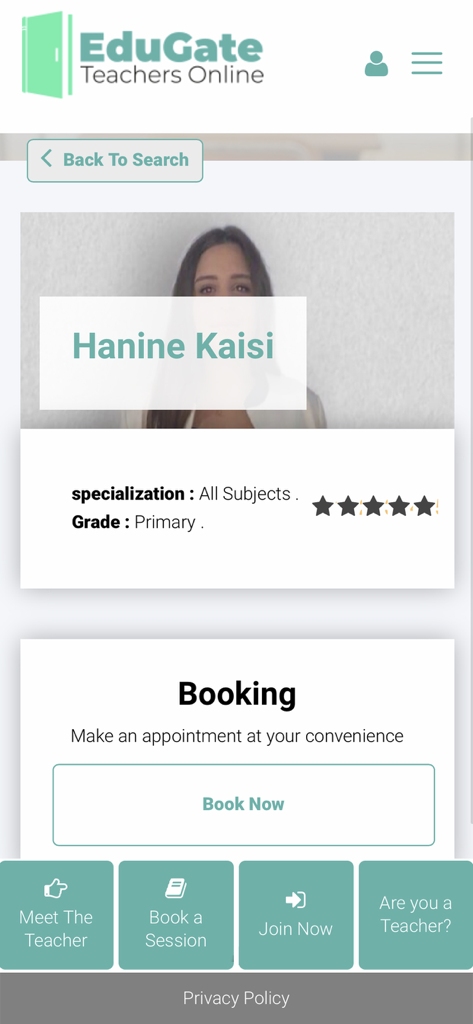 Edugate - Interface of Edugate app showing a teacher profile for Hanine Kaisi with a book now button