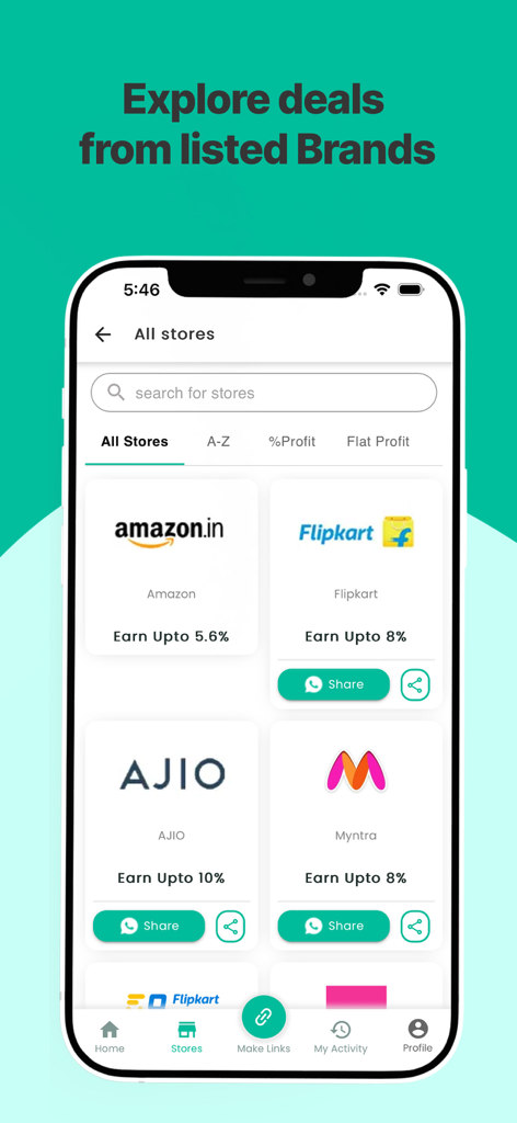 ExtraPe: Affiliate Marketing - ExtraPe mobile app interface showing a list of brands like Amazon and Flipkart with affiliate earning percentages