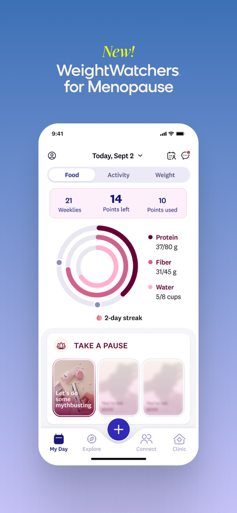 WeightWatchers Program - Pantalla del plan de menopausia de la aplicación móvil WeightWatchers que muestra el panel de seguimiento de la menopausia con puntos diarios y objetivos nutricionales