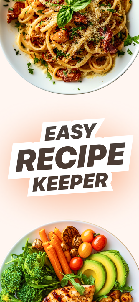 Recipe Keeper Box - OrganizEat - OrganizEat easy recipe keeper app interface featuring delicious pasta and a healthy chicken and vegetable plate