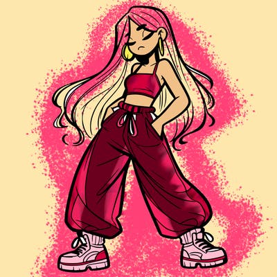 girl in baggy pants crop top and long hair